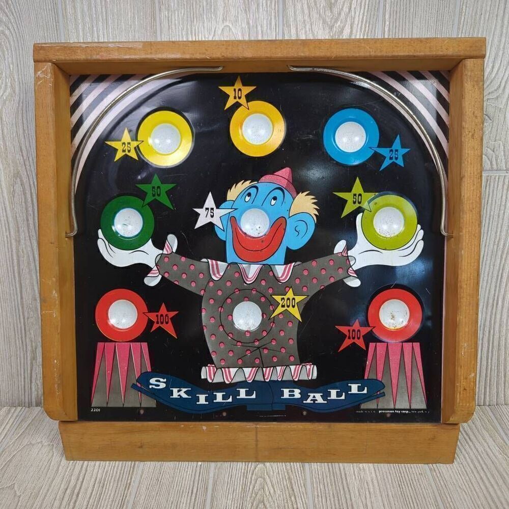 Vintage Skill Ball Clown Game by Pressman Toy Corp Tin Wooden Box Graphics